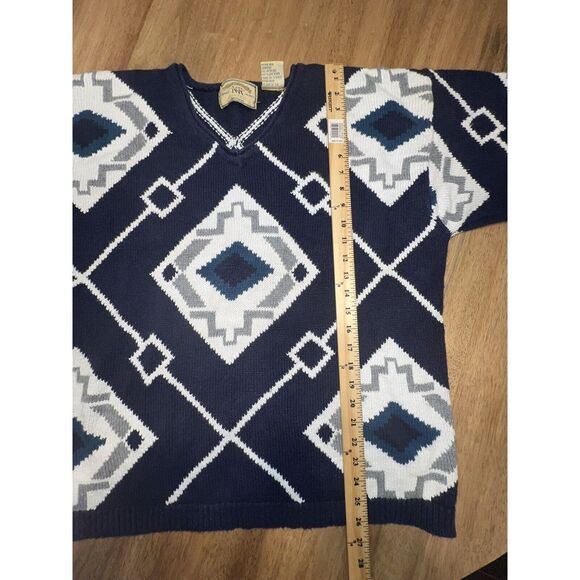 Vintage 90s Abstract Diamond Knit Grandpa Sweater XL Ramie Cotton Blend Blue - Picture 3 of 8